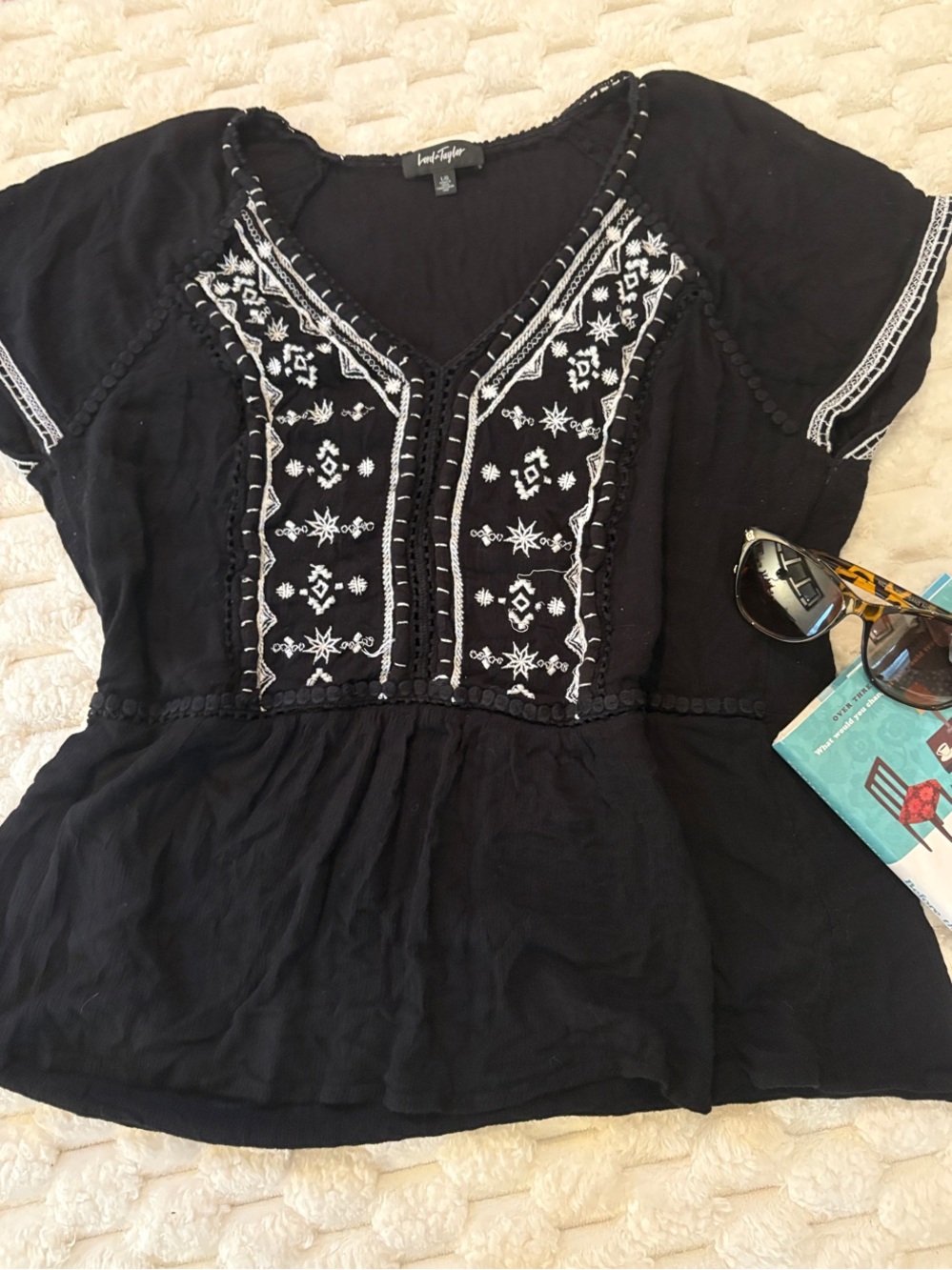 Lord & Taylor Black Embroidered V-Neck Boho Tunic
